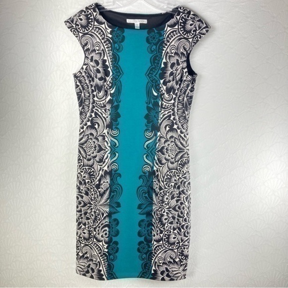 Maggy London Womens Size 6 Green White Black Printed Stretch Sleeveless Dress - Picture 1 of 6